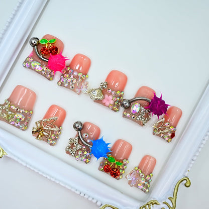 Press On Nails Handmade Y2K Duckbill Set with 3D Eye Barbell Star Rhinestone Charms and S M L Sizes