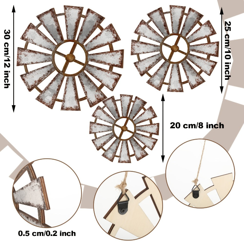 Wood Windmill Wall Decor, Three-Piece Set with Distressed White-and-Brown Finish in Graduated Sizes
