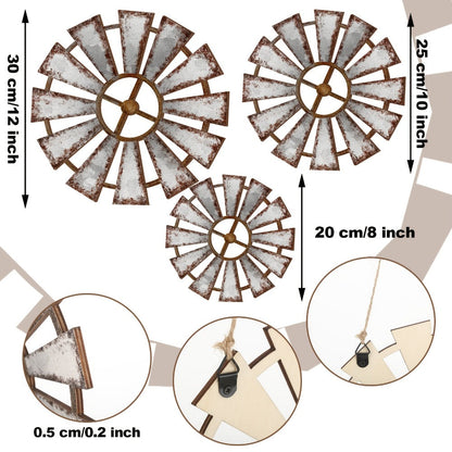 Wood Windmill Wall Decor, Three-Piece Set with Distressed White-and-Brown Finish in Graduated Sizes
