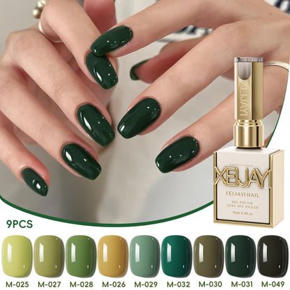 Gel Nail Polish Set with XEIJAYI Label, 9 Green Forest Colors in 0.51oz Photo Frame Bottles