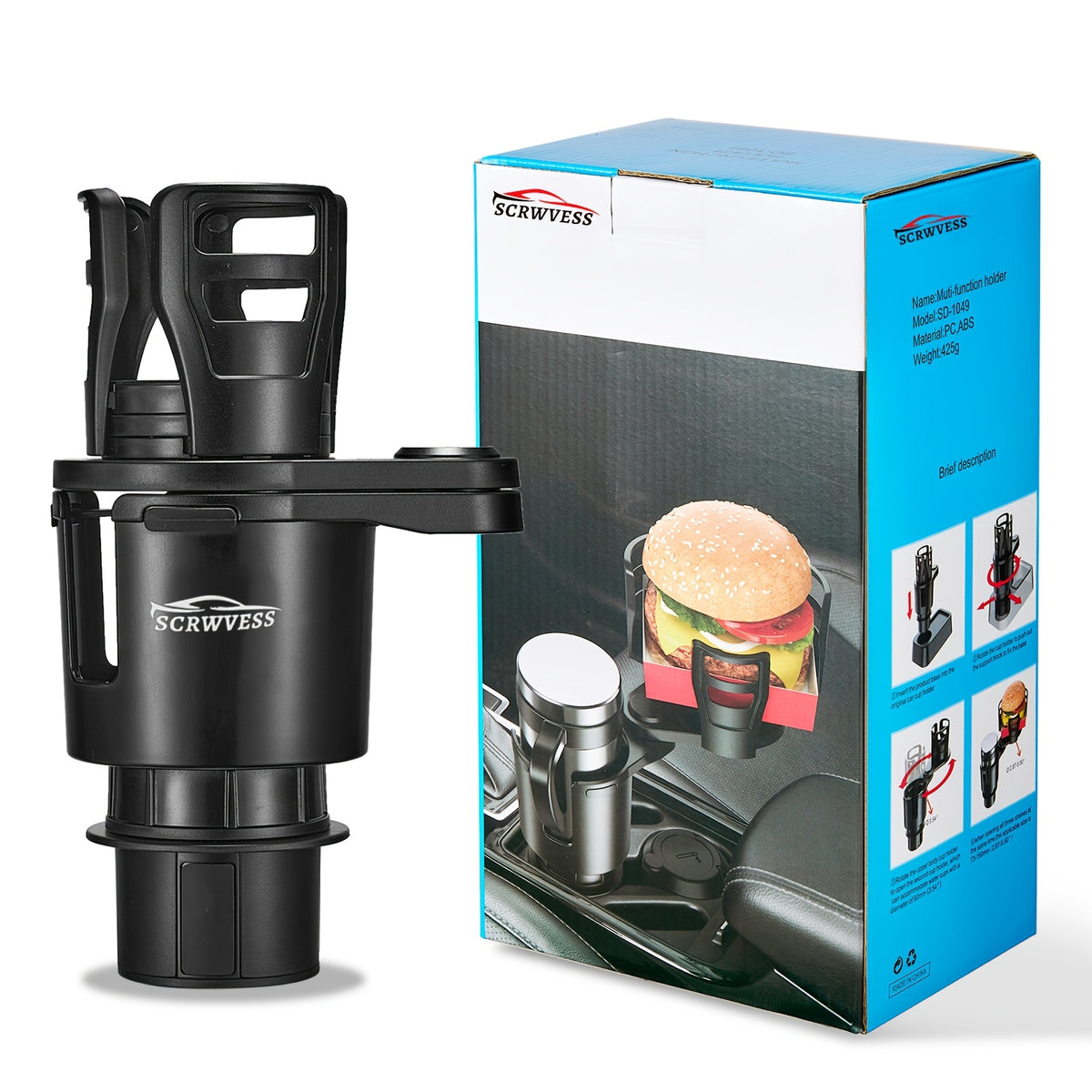 Cup-Holder Phone Mount and Expander with Rotating Cup Ring, Adjustable Side Cradle and Two Layout Options