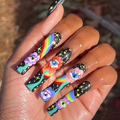 Press On Nails 120-Piece Extra-Long Set in Five Boxes with Cosmic, Crystal, Matte, Stripe and Floral Designs