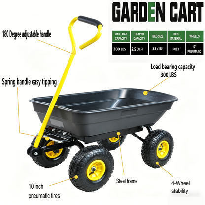 Garden Dump Cart 4-Wheel Heavy Duty Steel Frame Rust-Resistant Poly Bed Quick-Release Dump Feature Foldable D-Handle All-Terrain Yard Wagon for Landscaping Lawn