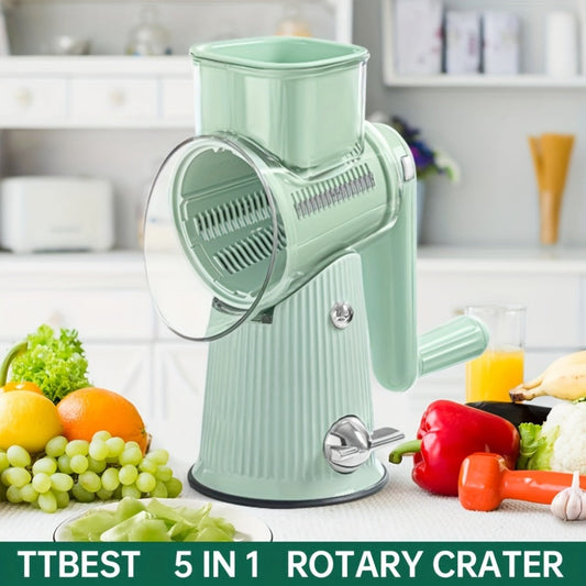 Rotary Cheese Grater with Interchangeable Blades – 5-in-1 Manual Vegetable Slicer Shredder Set, Suction Cup Base, Easy to Clean, Multifunctional Kitchen Tool for Fruits, Vegetables & Nuts