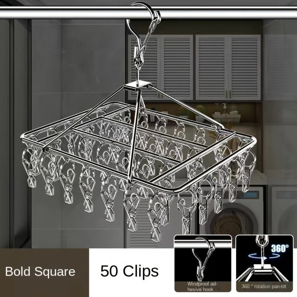Stainless Steel Hanging Laundry Drying Rack with Square or Round Frame and 30, 40 or 50 Garment Clips