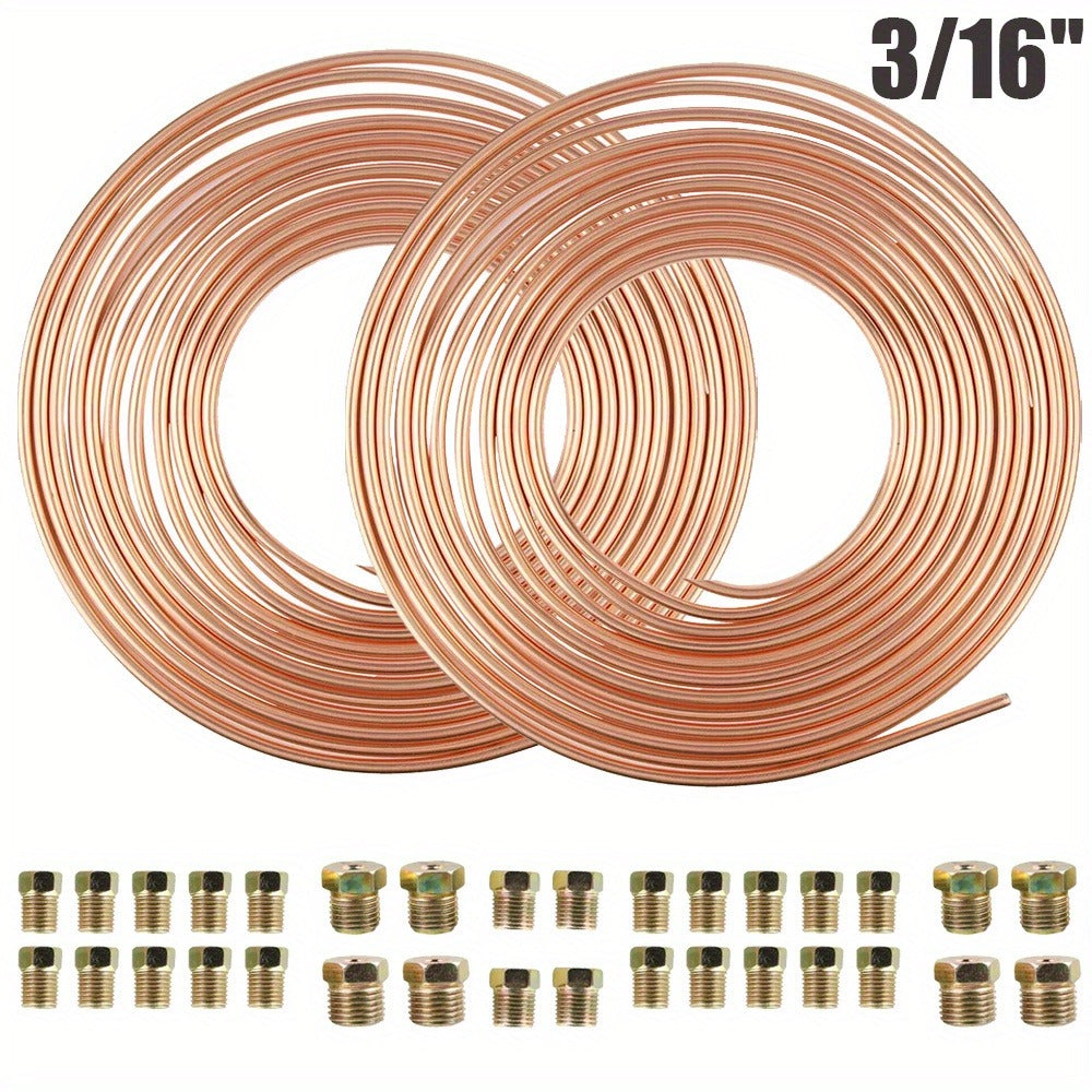 3/16" Brake Line Tubing Kit – Copper Nickel 25ft with 32 Fittings & Stainless Steel Clamps | Brake Line Repair Kit for American Cars & Most Vehicles | 2pcs or 34pcs Set
