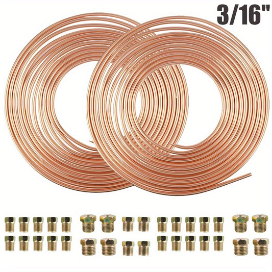3/16" Brake Line Tubing Kit – Copper Nickel 25ft with 32 Fittings & Stainless Steel Clamps | Brake Line Repair Kit for American Cars & Most Vehicles | 2pcs or 34pcs Set