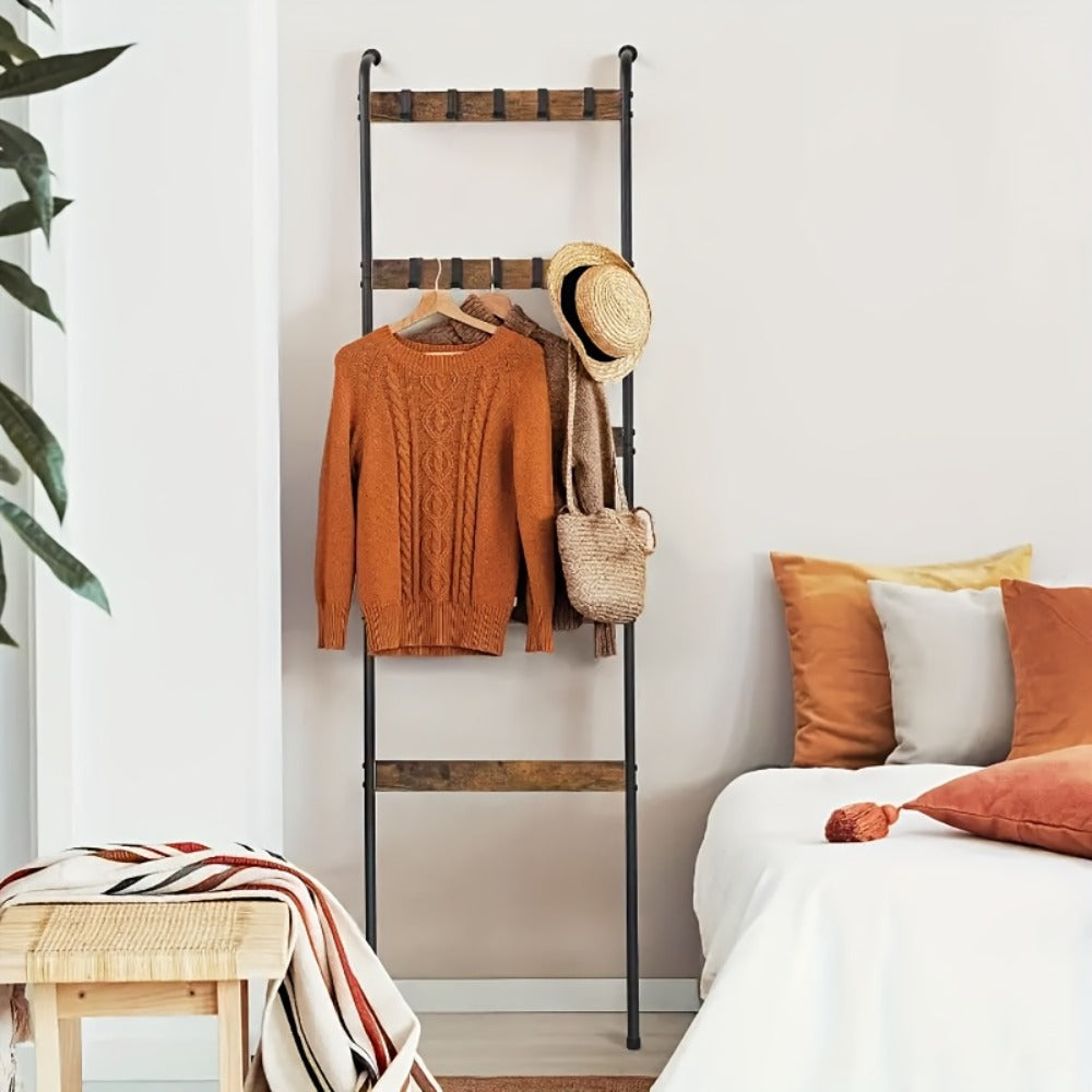 Five-Tier Brown Blanket Ladder with Ten Removable Hooks in One- or Two-Piece Checkout Options