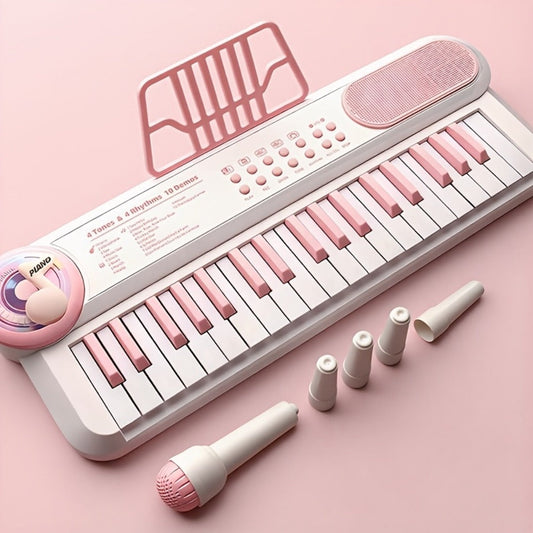 Kids Electronic Keyboard Piano Toy 37-Key White, Multi-Function Beginner Musical Instrument with Microphone, Demo Songs, Rhythms & Lights for Boys Girls Age 3+, USB or AA Battery