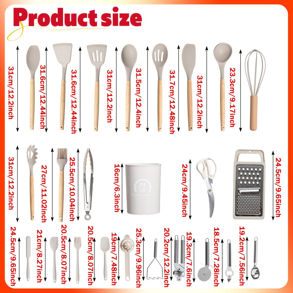 Silicone Kitchen Utensil Set 12PCS with Wooden Handle - Heat Resistant Non-Stick Safe Cooking Spatula Spoon Turner Tongs Brush with Holder for Home Restaurant Gift