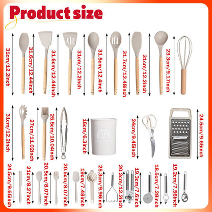 Silicone Kitchen Utensil Set 12PCS with Wooden Handle - Heat Resistant Non-Stick Safe Cooking Spatula Spoon Turner Tongs Brush with Holder for Home Restaurant Gift