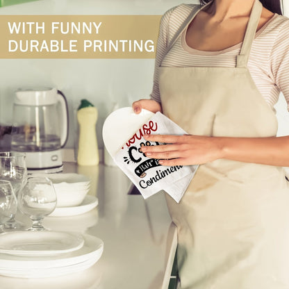 Four-Piece Cat Print Kitchen Towel Set, 16 x 24 Inches Each with Four Black-and-White Illustrated Sayings