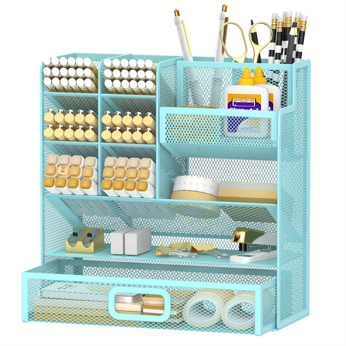 Mesh Desk Organizer with Pull-Out Drawer, Tiered Compartments and Six Color Checkout Options