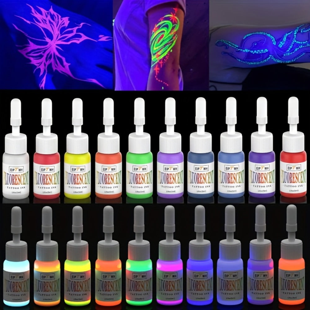 UV Tattoo Ink Set 10 Colors Fluorescent Neon Glow Blacklight Reactive Light-Reactive Long-Lasting Ink Bottles for Tattoo Artists Body Art Festival & Rave Events