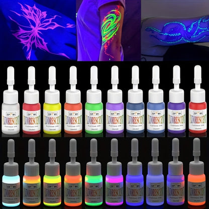 UV Tattoo Ink Set 10 Colors Fluorescent Neon Glow Blacklight Reactive Light-Reactive Long-Lasting Ink Bottles for Tattoo Artists Body Art Festival & Rave Events