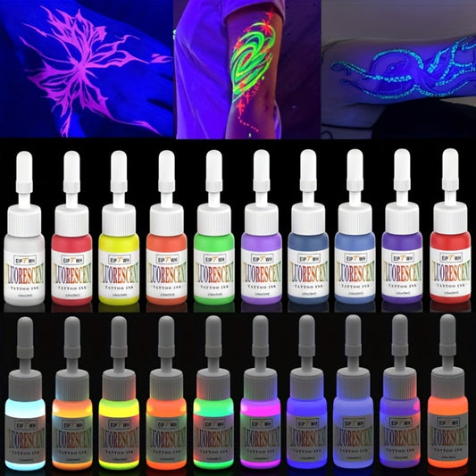 UV Tattoo Ink Set 10 Colors Fluorescent Neon Glow Blacklight Reactive Light-Reactive Long-Lasting Ink Bottles for Tattoo Artists Body Art Festival & Rave Events