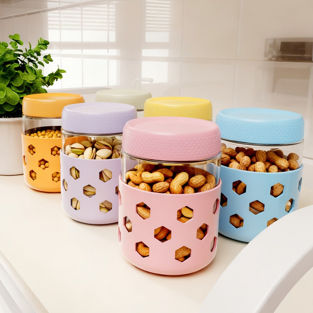 Glass Jar Food Storage Organizer Six-Pack with 16oz Screw-Top Jars and Optional Silicone Sleeves