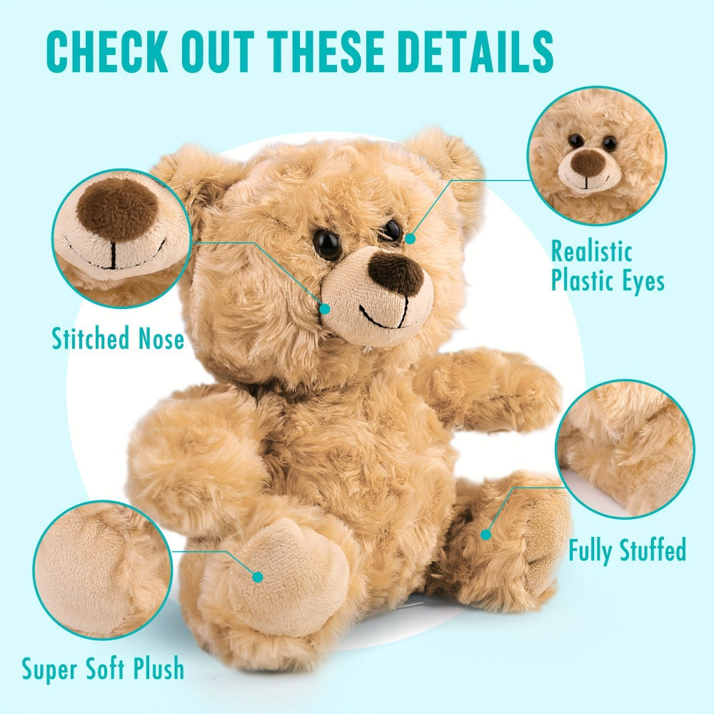 Five-Piece 8-Inch Shaggy Teddy Bear Set with Beige Plush Finish for Party Favors and Gift Bags