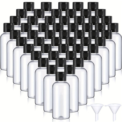 One Hundred Clear 2-Ounce Squeeze Bottles with Black Flip Caps and Two Pictured Filling Funnels