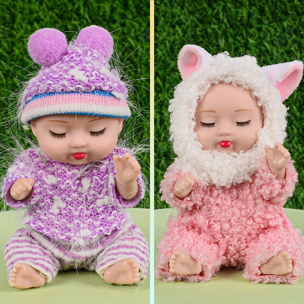 Eight Mini Baby Dolls with 4-Inch Checkout Size, Assorted Knit Animal Outfits and 10.24-Inch Display Box
