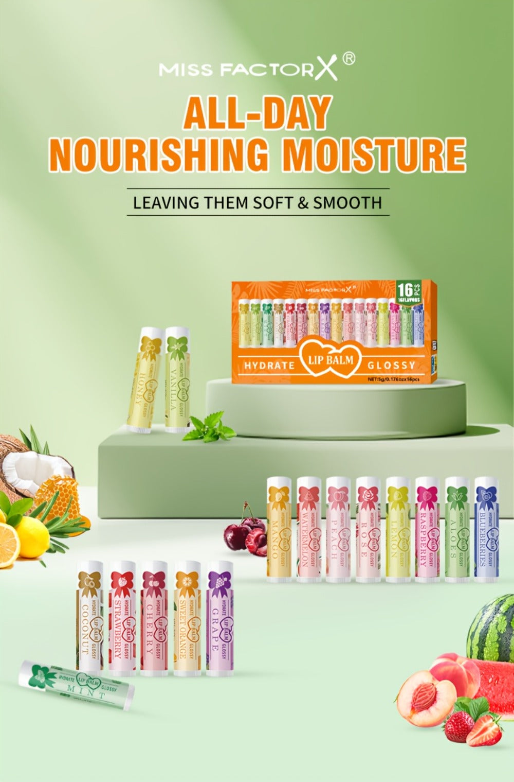 Lip Balm 16-Piece Assorted Flavor Set with Glossy Twist-Up Tubes and Orange Display Box Packaging