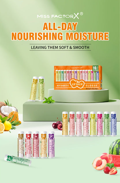 Lip Balm 16-Piece Assorted Flavor Set with Glossy Twist-Up Tubes and Orange Display Box Packaging