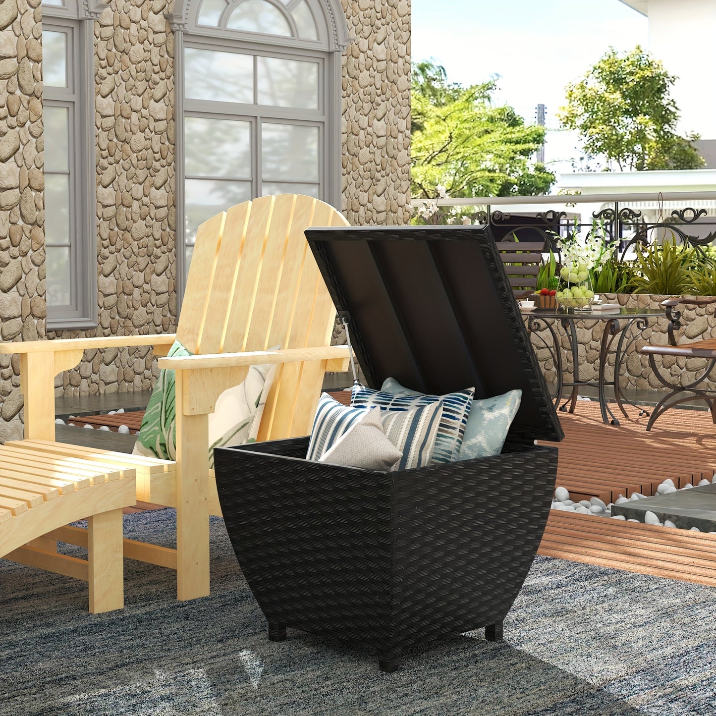 PE Wicker Outdoor Storage Box Side Table, Flip-Top Lid