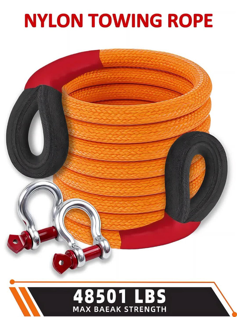 Kinetic Recovery Rope 48501 LBS 22 Ton - High Strength Nylon Tow Rope with Bow Shackles & Storage Bag, 14.5 16.4 30 FT Options for Truck SUV UTV ATV Off Road Emergency Rescue