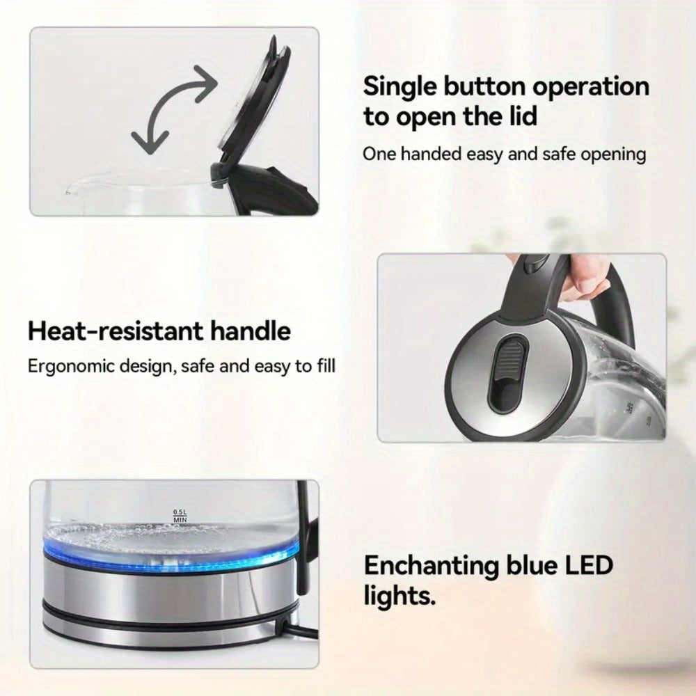 Glass Electric Kettle 2L Large Capacity – 1000W Fast Boil, Anti-Dry Burn Protection, See-Through Design for Coffee Milk Tea, Kitchen Dining Room Living Room Use, 67.63oz