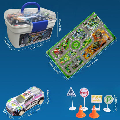 64 Pcs Pull Back Toy Car Set with City Map, Traffic Signs & Storage Box – 56 Mini Die-Cast Vehicles for Kids Boys Girls Ages 3+, Party Favors Birthday Christmas Gift