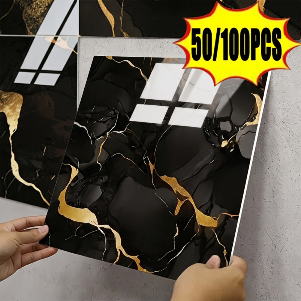 Marble Gold-Vein Wall Tile Sticker Set with 30 cm Panels, Four Colors and 50- or 100-Piece Packs