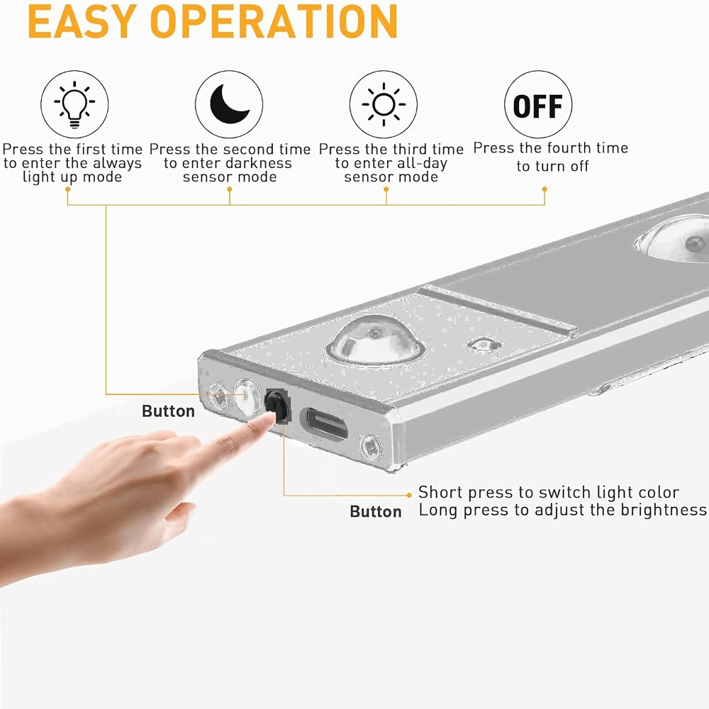 Rechargeable Motion Sensor Cabinet Lights with Dimming and Three Modes in Four Size, Color and Pack Options