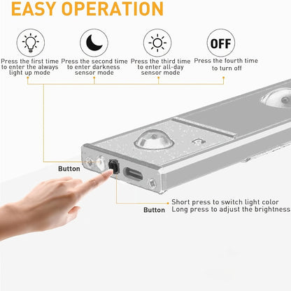 Rechargeable Motion Sensor Cabinet Lights with Dimming and Three Modes in Four Size, Color and Pack Options