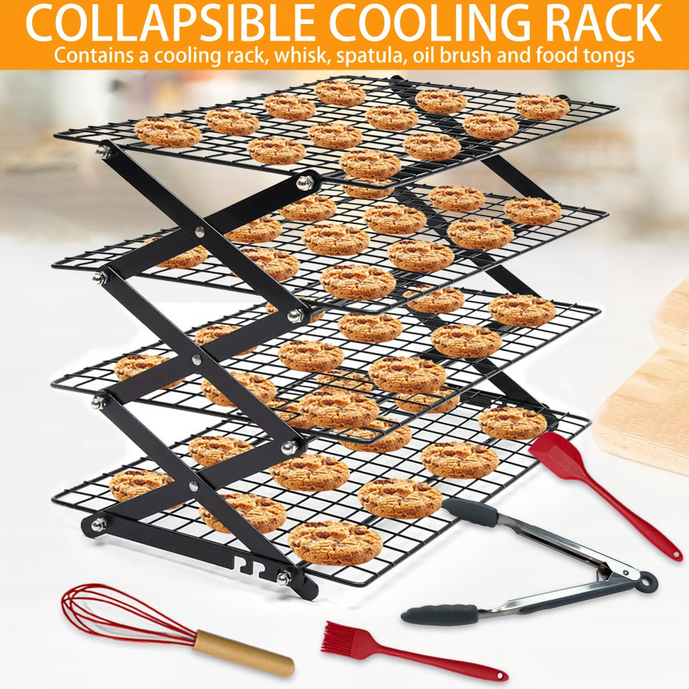 Foldable Cooling Rack Set – Stackable Oven Cookie Cake Drying Rack with Free Baking Tools (Silicone Spatula, Egg Beater, Tongs, Brush) | 3/4/5 Tier Options for Kitchen, Camping & Holiday Baking