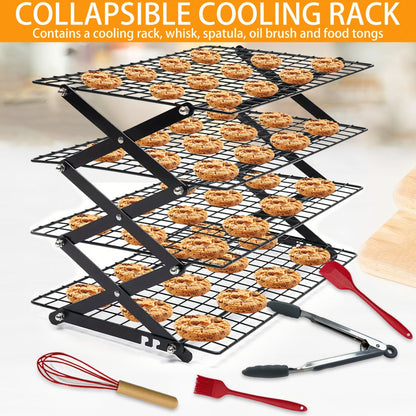 Foldable Cooling Rack Set – Stackable Oven Cookie Cake Drying Rack with Free Baking Tools (Silicone Spatula, Egg Beater, Tongs, Brush) | 3/4/5 Tier Options for Kitchen, Camping & Holiday Baking
