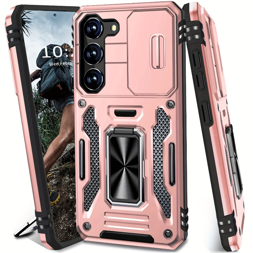 Samsung Galaxy Shockproof Magnetic Phone Case with 360° Rotating Ring Bracket & Sliding Lens Protector – Heavy Duty Cover for S24FE S23FE S22 S21FE Ultra A55 A54 A35 A34 A25 A24 A16 A15 A14 A06 A05 A05S 5G