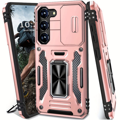 Samsung Galaxy Shockproof Magnetic Phone Case with 360° Rotating Ring Bracket & Sliding Lens Protector – Heavy Duty Cover for S24FE S23FE S22 S21FE Ultra A55 A54 A35 A34 A25 A24 A16 A15 A14 A06 A05 A05S 5G