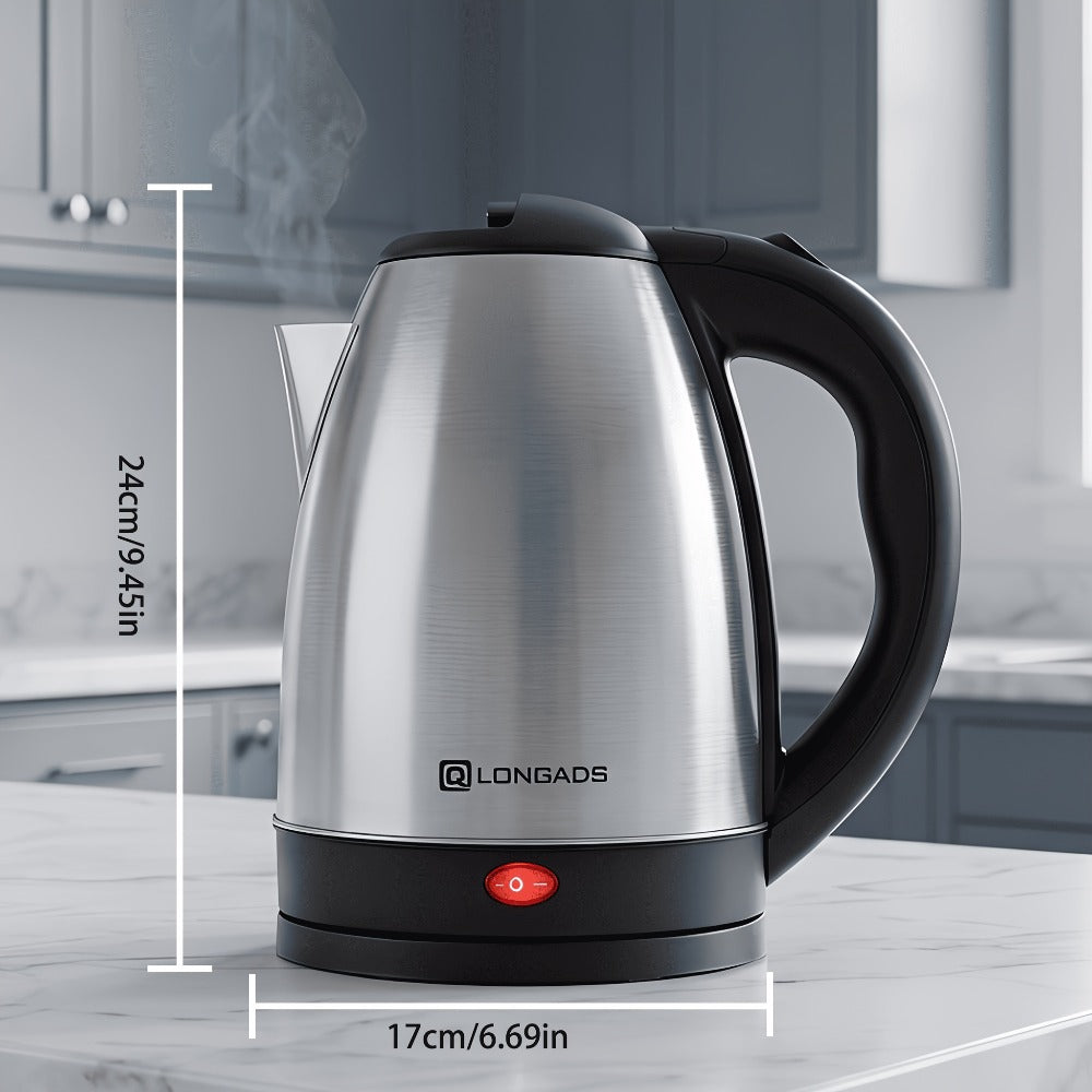 Electric Kettle by LONGADS, 2L 1000W Stainless Steel Body with Seamless Interior and Black Trim