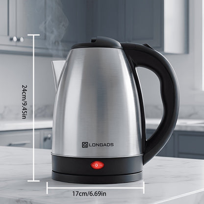 Electric Kettle by LONGADS, 2L 1000W Stainless Steel Body with Seamless Interior and Black Trim