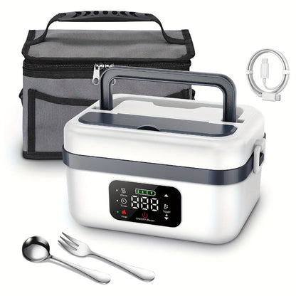 Self Heating Lunch Box Battery Powered 8000mAh - 60W Portable Electric Food Warmer with Smart Timer 1 Liter Stainless Steel Inner Container for Home Car Office and Truck, Leak Proof with Fork Spoon and Carry Bag, Gift for Men and Women