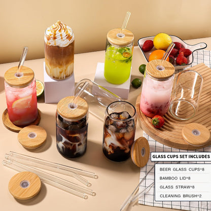 Glass Coffee Mug with Bamboo Lid & Straw | Iced Coffee Glass Cup Set, Mason Jar Mug, Reusable Drinking Glasses, Holiday Gift