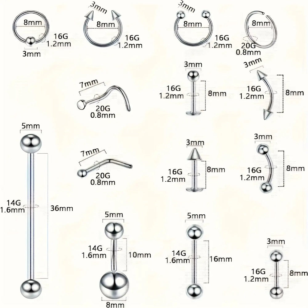 Piercing Kit Stainless Steel Random Set – Nose Bone Ear Tragus Lip Belly Button Eyebrow Piercing Needle Tools with Stainless Steel Jewelry, Trendy Body Piercing Accessories for Men and Women
