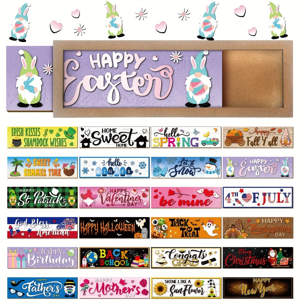 Twenty-Five-Piece Interchangeable Seasonal Welcome Sign Set with Wood Frame and Holiday Message Inserts