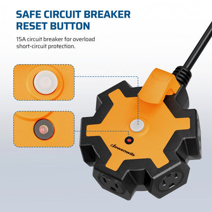 Power Strip Industrial 5-Outlet Hub with 15-Foot 14/3 AWG SJTW Cord, Circuit Breaker and Swivel Covers