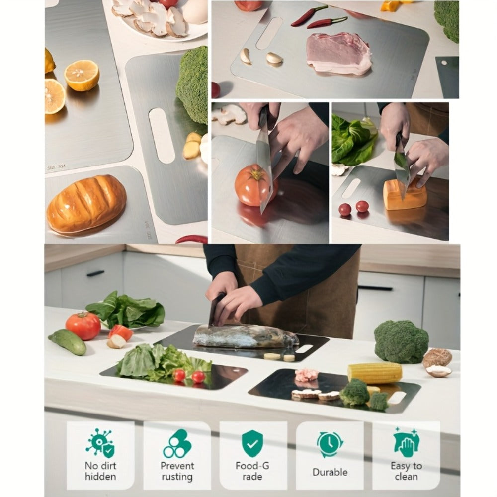 Cutting Board Three-Piece Stainless Steel Set with Rounded Corners, Carry Handles and Three Sizes