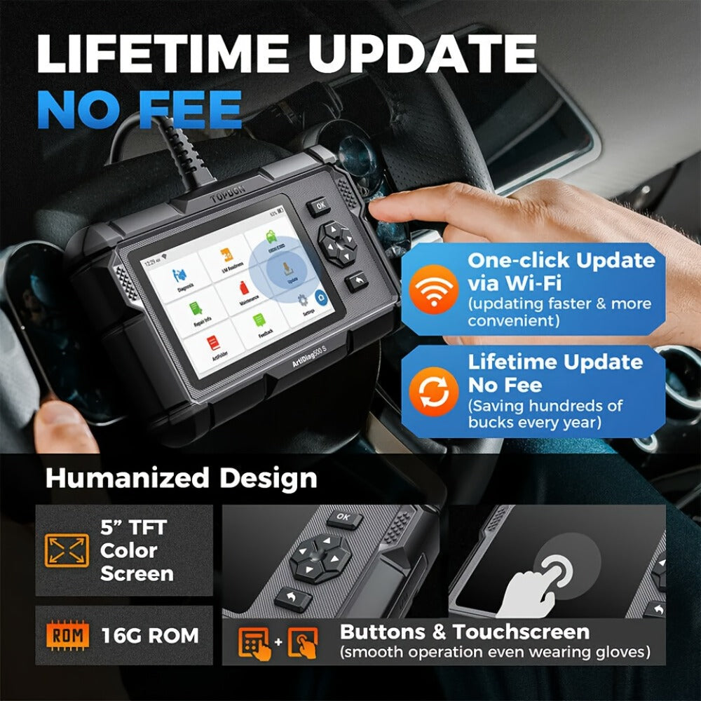 OBD2 Scanner with ABS SRS Engine Transmission Diagnostics 5 Reset Services Oil BMS DPF Throttle - TOPDON AD500S WiFi 5-Inch Touchscreen 90+ Car Brands