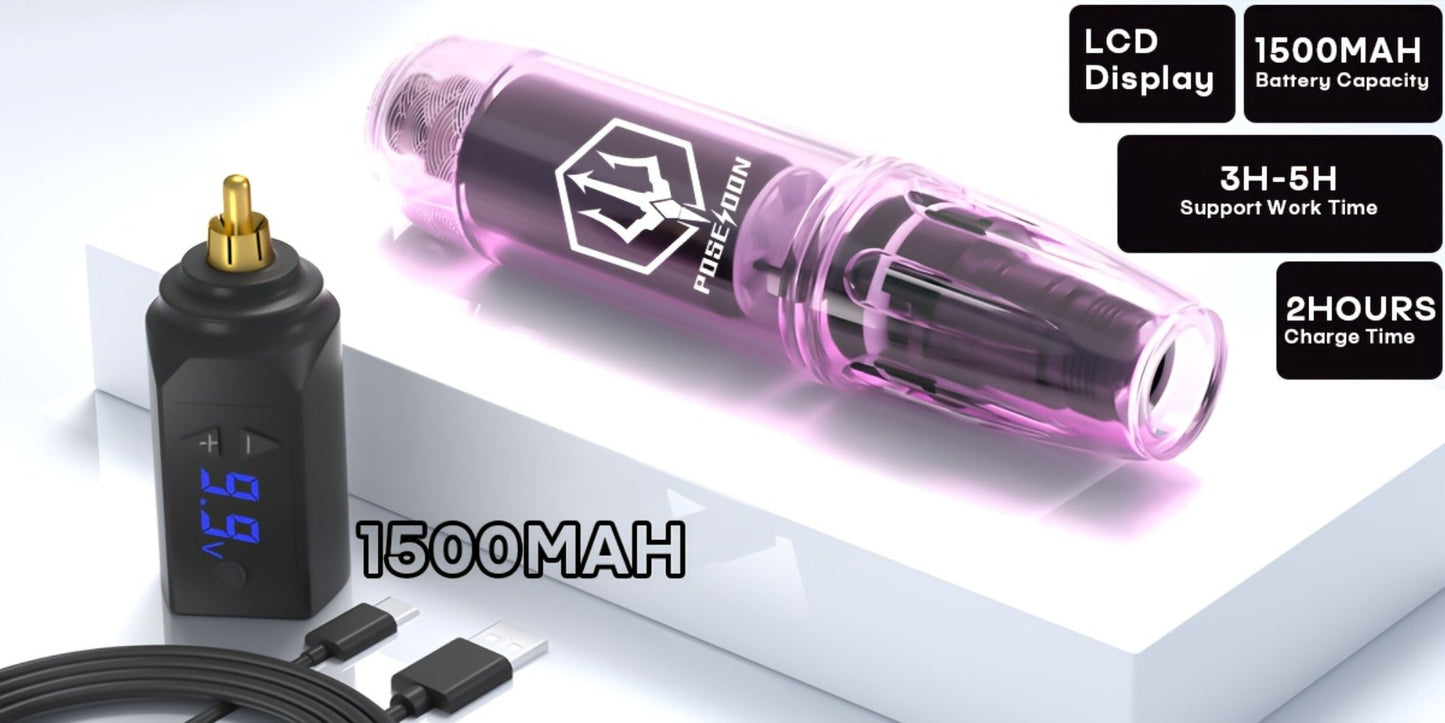 Tattoo Machine Kit POSEIDON TK039 Cordless Rotary Pen with LED Display, 20 Cartridges, 10 Inks and Practice Supplies