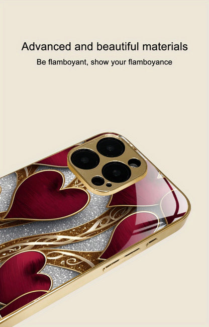 Phone Case Red and Gold Heart Pattern Slim Cover for Select iPhone and Samsung Galaxy Models
