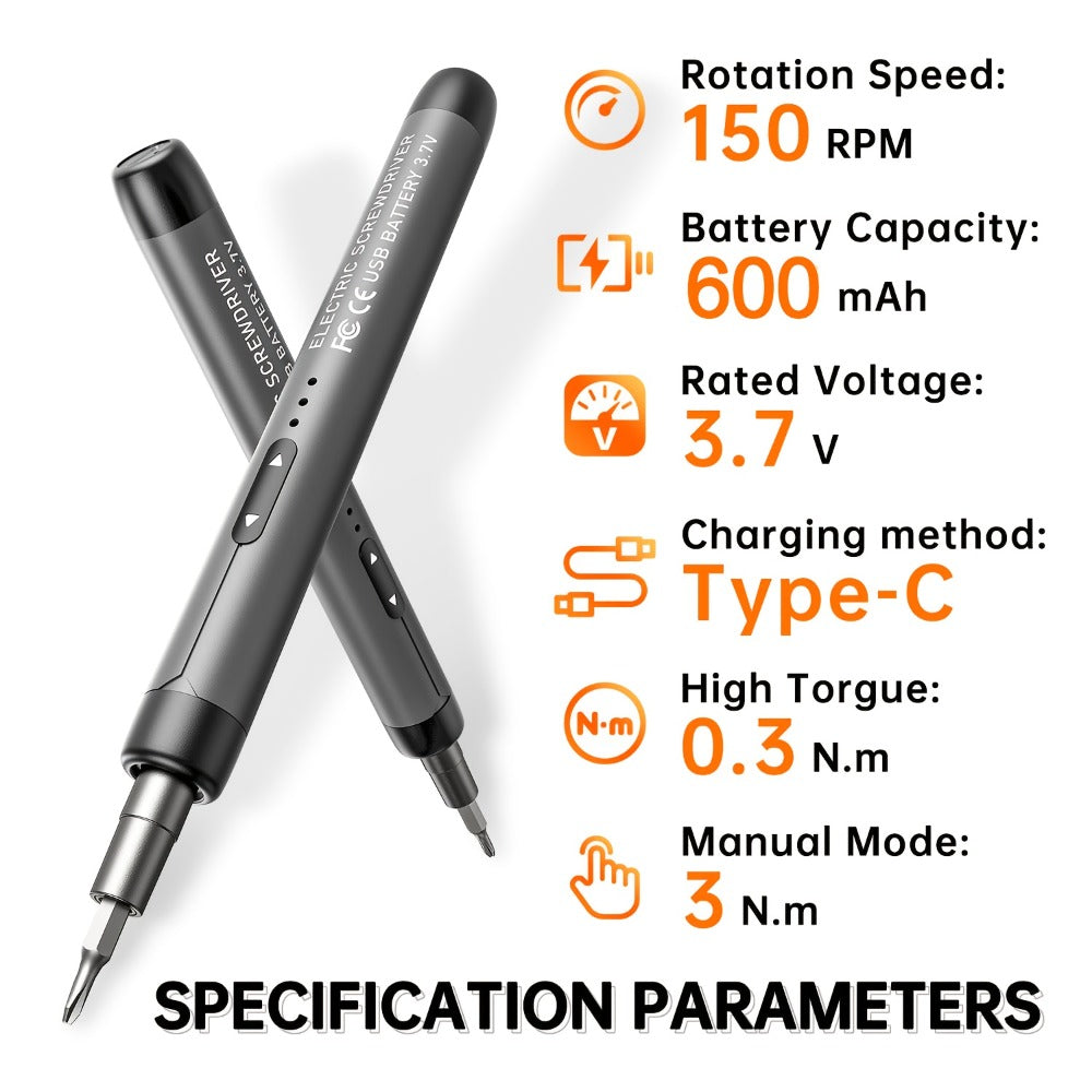 USB-Rechargeable Precision Electric Screwdriver Kit with 38 Magnetic Bits in Five Handle Colors