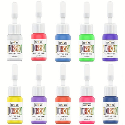 UV Tattoo Ink Set 10 Colors Fluorescent Neon Glow Blacklight Reactive Light-Reactive Long-Lasting Ink Bottles for Tattoo Artists Body Art Festival & Rave Events